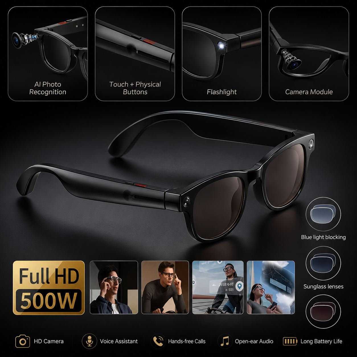 AI Smart Glasses Voice Control Bluetooth HD1080P